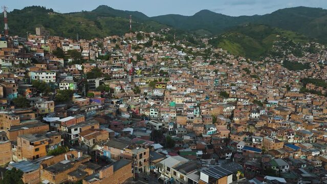Third World Slums Village in Mountains of Medellin, Columbia, Aerial