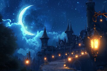 Fototapeta na wymiar crescent moon illuminates the dark blue sky filled with twinkling stars and soft clouds