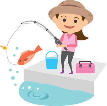 魚釣りをしている女性のイメージイラスト