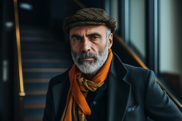 Portrait of a senior man with gray beard wearing a hat and a scarf.