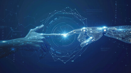  A human hand interacting with a robotic hand reaching towards each other against a deep blue background suggesting advanced artificial intelligence concepts