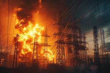 During terrorist attack, an electric power substation was blown up, which ignited fire which destroyed everything Generative AI - obrazy, fototapety, plakaty