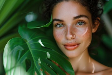 Fototapeta premium Stunning close-up of a young woman with a fresh, natural look, peering through vibrant green monstera leaves, emphasizing her exotic beauty.