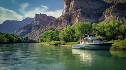 new boat on the green river , mountain background. copy space for text. - obrazy, fototapety, plakaty