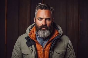 Portrait of a handsome bearded man in a warm jacket. Men's beauty, fashion.
