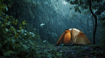 Rain on the tent in the forest, tropic, quiet, calm, peaceful, meditation, camping, night. Copy space for text. - obrazy, fototapety, plakaty