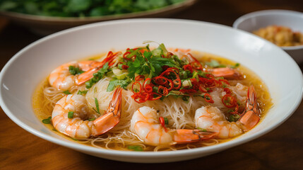 Asian ramen soup with shrimps, egg, noodle and spices.
