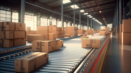 Conveyor belt in a distribution warehouse with row of Product 
