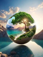 Fototapeta premium view of trees in the morning inside the water ball