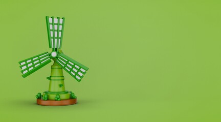 3d green windmill. 3d render illustration isolated on green background with copy space and sustainability theme.