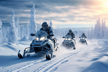 Group of snowmobiles in heavy snow - obrazy, fototapety, plakaty