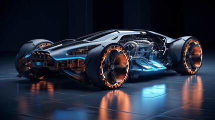 Futuristic electric sport fast car chassis and battery  - obrazy, fototapety, plakaty