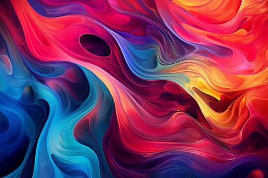 Immerse in the mesmerizing world of abstract swirled squiggles in black, resembling liquid metal, with vibrant landscapes of light crimson, azure, dark yellow, and sky-blue.