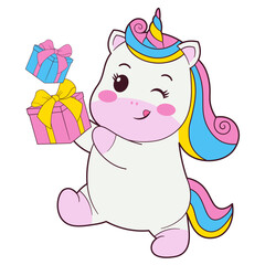Unicorn With Gift Box Illustration