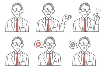 Avatar illustration set of man wearing white coats with various expressions/様々な表情の白衣を着た男性のアバターイラストセット
