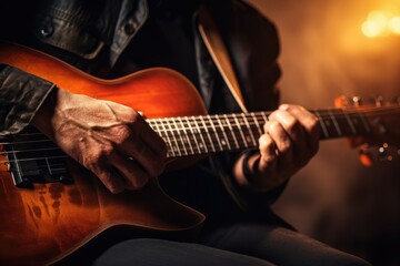 Guitarist playing performing on stage with acoustic guitar. Close up of singers hands playing guitar. Musical instrument for recreation or hobby passion concept.