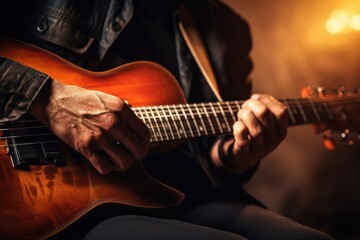 Fototapeta premium Guitarist playing performing on stage with acoustic guitar. Close up of singers hands playing guitar. Musical instrument for recreation or hobby passion concept.