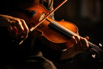 Violinist playing the violin on dark background, close-up. Violin player. Violinist hands playing violin orchestra musical instrument.