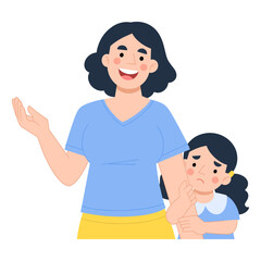 Vector illustration of a shy girl hiding behind her mother