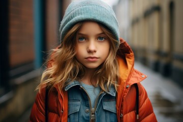 Portrait of a cute little girl in a blue hat and a jacket on the street.
