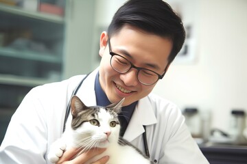 ネコを診察する男性獣医 - obrazy, fototapety, plakaty