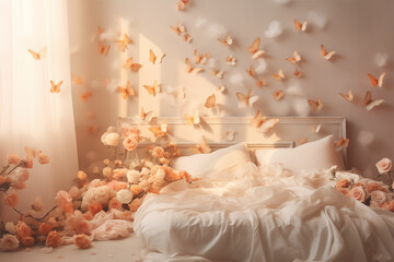 Capture the enchantment of roses and butterflies on a bed with white bedding, in animated gif style. Soft, dreamy landscapes in light orange and pink evoke everyday beauty.