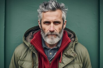 Portrait of a handsome mature man with gray hair and beard wearing a green jacket and red scarf.