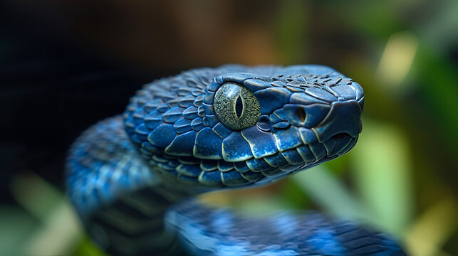 Blue viper snake closeup face copy space, generative ai
