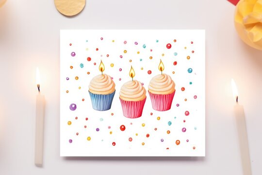 Cupcakes with candles illustration. Birthday drawing on white background. AI Generated 