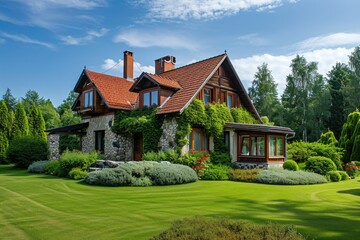 Fototapeta na wymiar House with lawn and garden