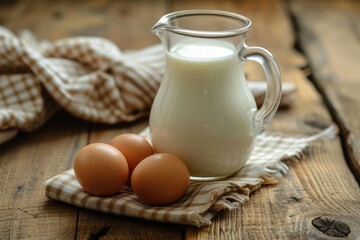 Obraz na płótnie Canvas Glass jug of milk and egg on wooden table.