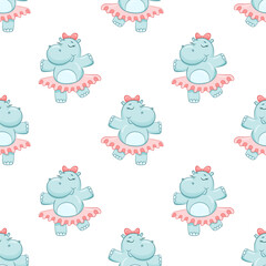 Seamless simple pattern with cute hippo dancer. Cartoon girl hippopotamus on white background. Cute baby character in tutu with bow