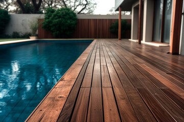 Empty wooden deck villa guest house with clear water swimming pool