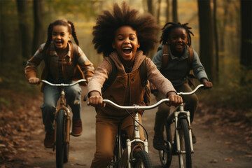 Fototapeta na wymiar Captivating scene as three children ride bicycles through the enchanting woods, featuring bold colorism, cute and dreamy vibes, emotive faces, and a touch of animated magic.