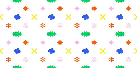 Colorful sticker label seamless pattern. Trendy retro icon background for business, web design or social media backdrop texture. Fun y2k style graphic element print.