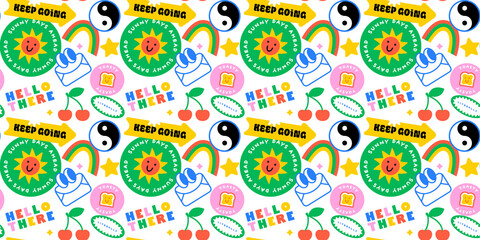 Fototapeta premium Funny retro text quote sticker seamless pattern. Colorful vintage style typography sign background. Fun repeat texture print with slang lettering, comic word icon.