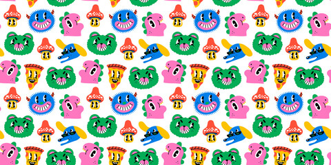 Trendy trippy retro cartoon character seamless pattern. Funny vintage comic characters background. Colorful dog, mushroom and pizza psychedelic print texture.