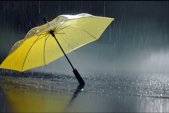 Under the Rainy Umbrella: A Beautiful Scene of a Yellow Umbrella in the Rain Against a Droplet Background generative ai
