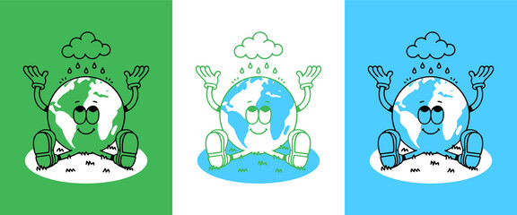 Vintage earth planet cartoon character illustration. Trendy retro nature environment mascot poster. Eco friendly print drawing in 70s comic art style.	