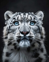 Isolated closeup Snow Leopard head on black background. Focused straight look. 