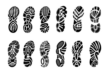 Footprints human shoes silhouette, vector set, isolated on white background. Shoe soles print. Foot print tread, boots, sneakers. Impression icon barefoot