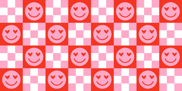 Funny happy face in love colorful cartoon seamless pattern. Retro psychedelic pink smile icon background texture for valentine's day or romantic concept. Trendy checkered doodle wallpaper.	
