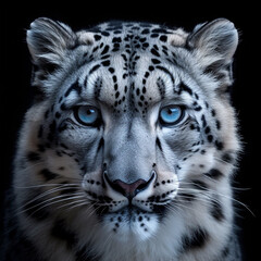 Isolated closeup Snow Leopard head on black background. Focused straight look. 