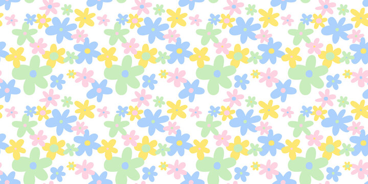 Trendy floral seamless pattern illustration. Vintage 70s style hippie flower background design. Colorful pastel color groovy artwork, y2k nature backdrop with daisy flowers.	
