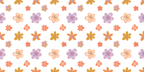 Hand drawn flower art seamless pattern illustration. Cute nature floral background in vintage art style. Spring season painting print.	
