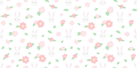 Cute hand drawn rabbit animal cartoon seamless pattern. Spring season flower background with easter bunny. Vintage floral wallpaper print, april holiday texture design.	
