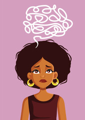 Stressed Young Woman Having Tangled Thoughts Vector Cartoon Character. Stressed girl overthinking everything feeling overwhelmed 
