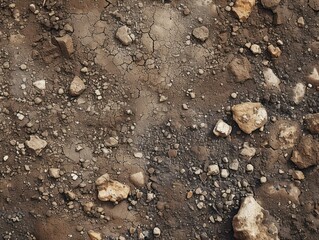 Dry soil background. Texture of soil with small stones. Top view.