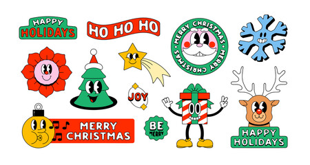 Fototapeta premium Set of funny vintage christmas cartoon character label on isolated background. Retro sticker patch illustration collection for xmas party celebration. Festive holiday season graphic bundle. 