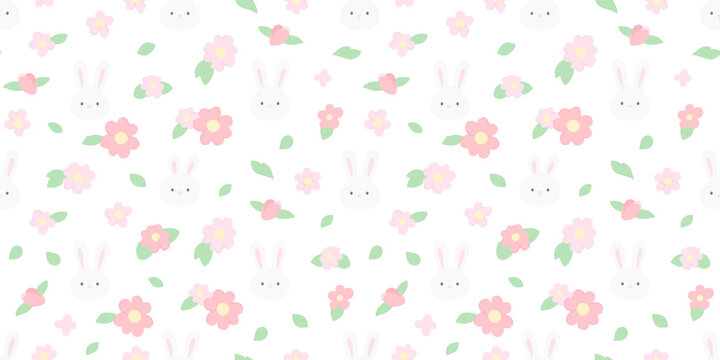 Cute hand drawn rabbit animal cartoon seamless pattern. Spring season flower background with easter bunny. Vintage floral wallpaper print, april holiday texture design.	
